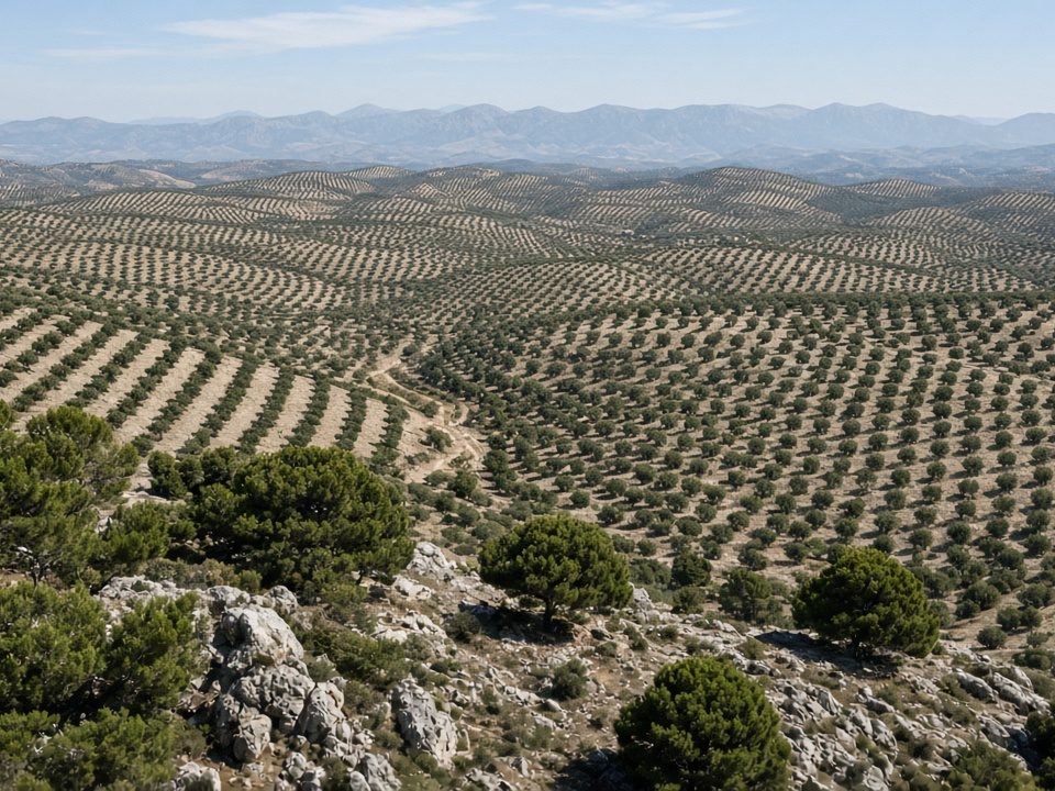 Hügellandschaft mit endlosen Reihen von Olivenbäumen in Andalusien (KI-generiert)