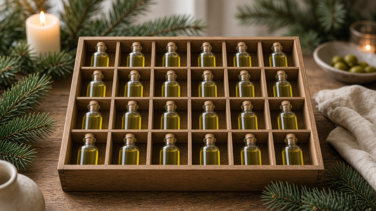 Geöffneter Holz-Adventskalender mit 24 kleinen, unbeschrifteten Glasfläschchen Olivenöl, Tannenzweigen und Kerzenlicht (KI-generiert)