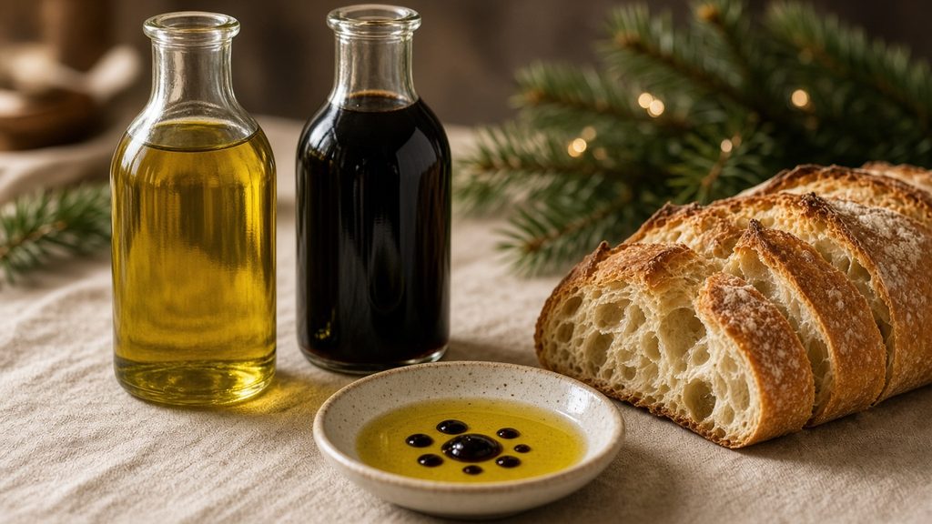 Neutrale Flaschen mit Olivenöl und Balsamico neben Brot und einer Schale zum Dippen auf einem festlich gedeckten Tisch (KI-generiert)