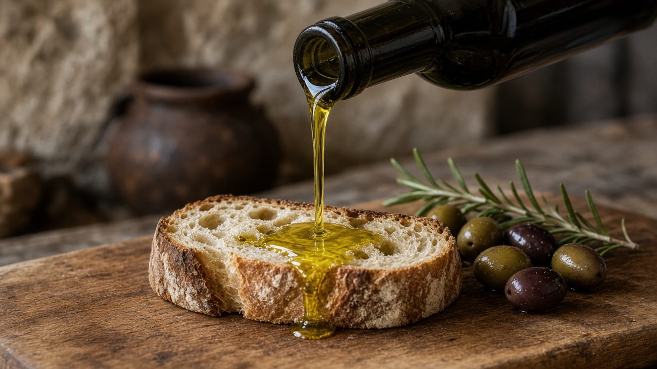 Olivenöl wird über Brot gegossen, daneben Oliven und Rosmarin (KI-generiert)
