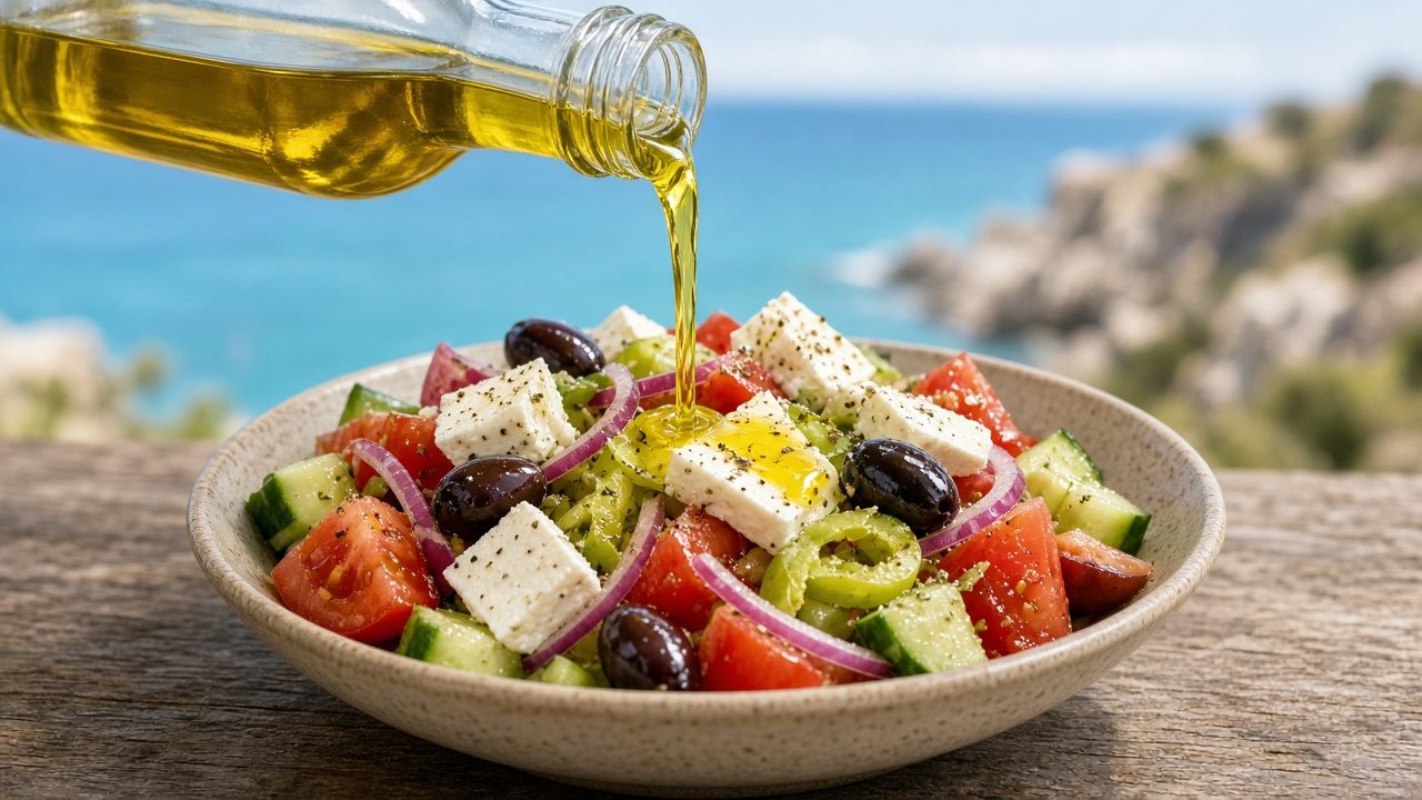 Olivenöl fließt aus einer neutralen Glasflasche über einen Salat mit Tomaten, Gurke, Oliven und weißem Käse, im Hintergrund das Meer (KI-generiert)