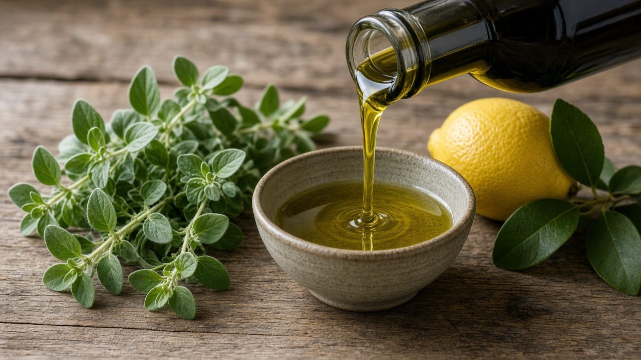 Olivenöl wird aus einer neutralen Flasche in eine Schale gegossen, daneben Oregano und Zitrone (KI-generiert)