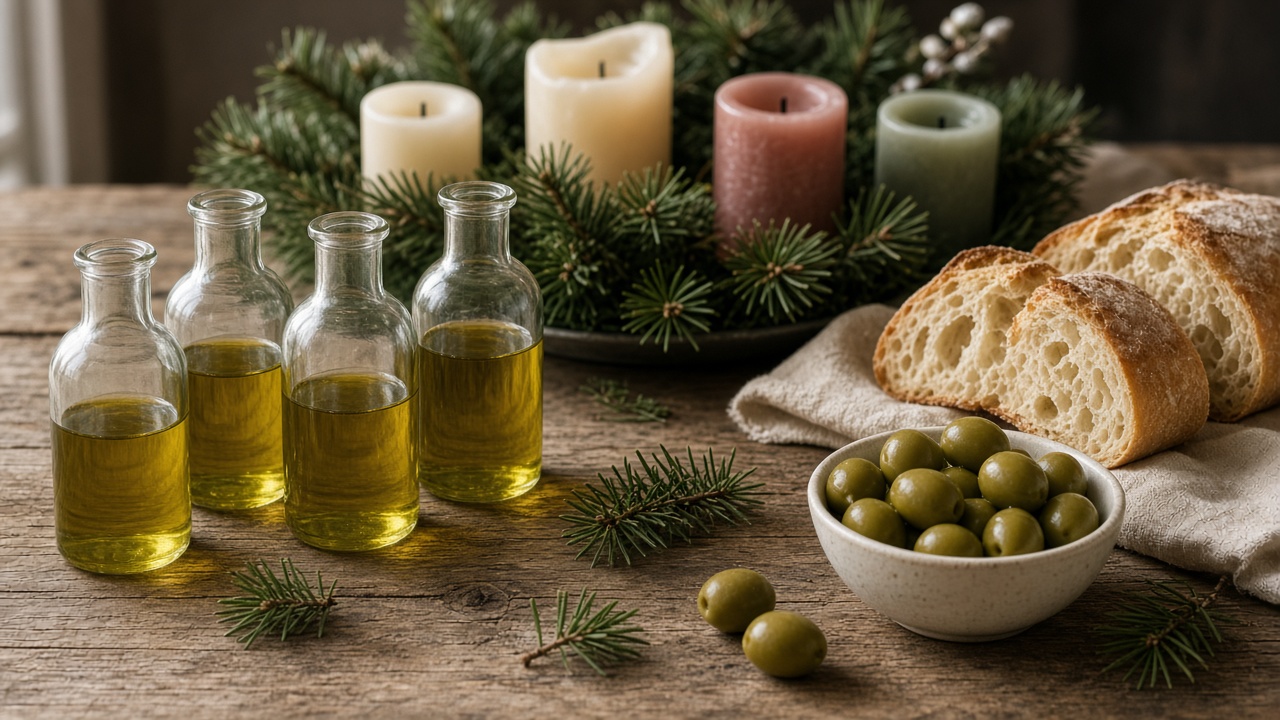 Mehrere kleine, unbeschriftete Glasfläschchen mit Olivenöl auf einem Holztisch mit Adventskranz, Brot und Oliven (KI-generiert)