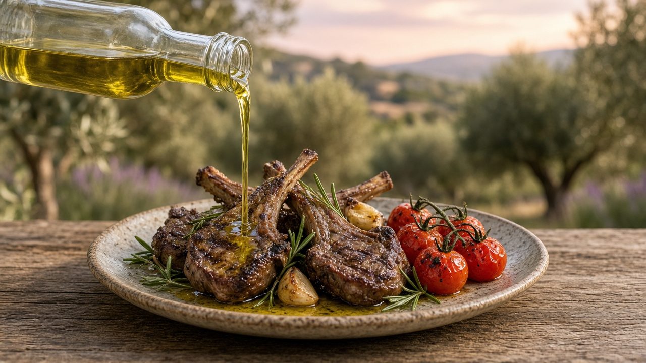 Olivenöl wird aus einer neutralen Glasflasche über gegrillte Lammkoteletts mit Rosmarin gegossen (KI-generiert)