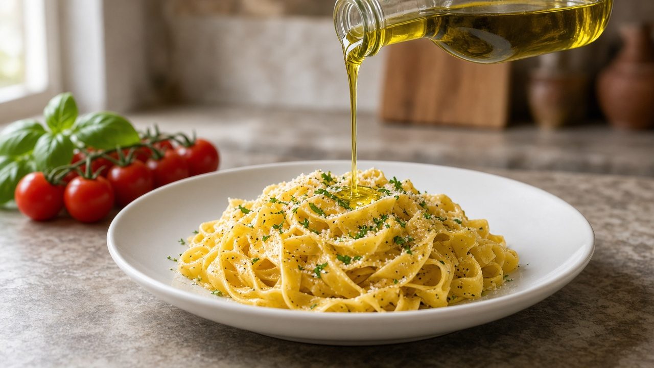Pasta wird mit Olivenöl aus einer neutralen Flasche verfeinert (KI-generiert)