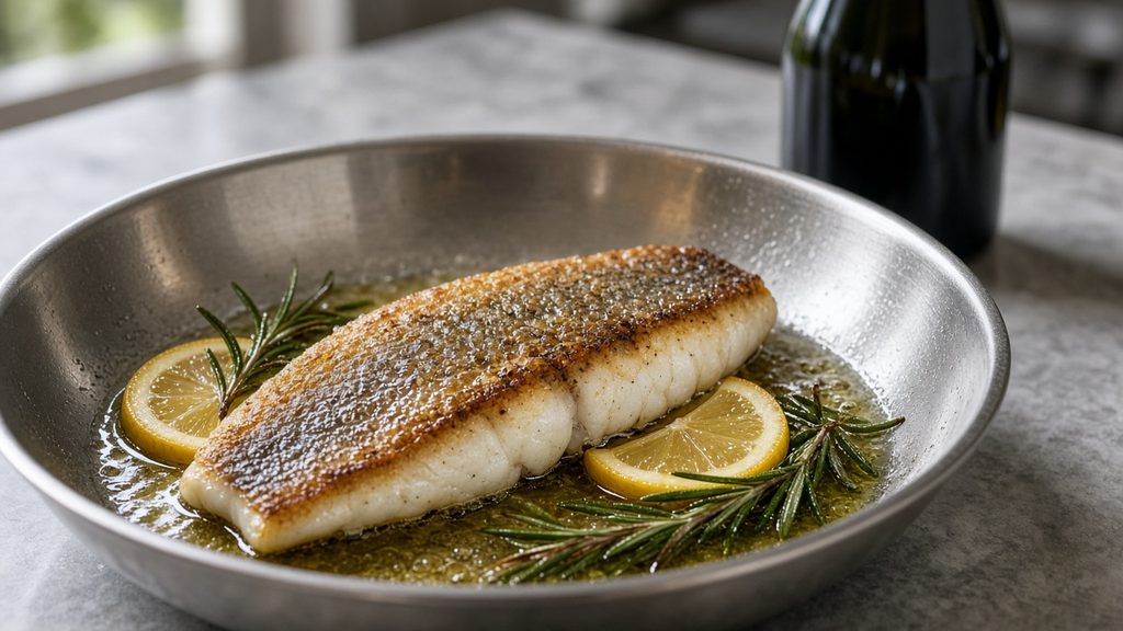 Fischfilet brät in einer Pfanne mit Olivenöl, im Hintergrund eine neutrale Glasflasche auf der Arbeitsfläche (KI-generiert)