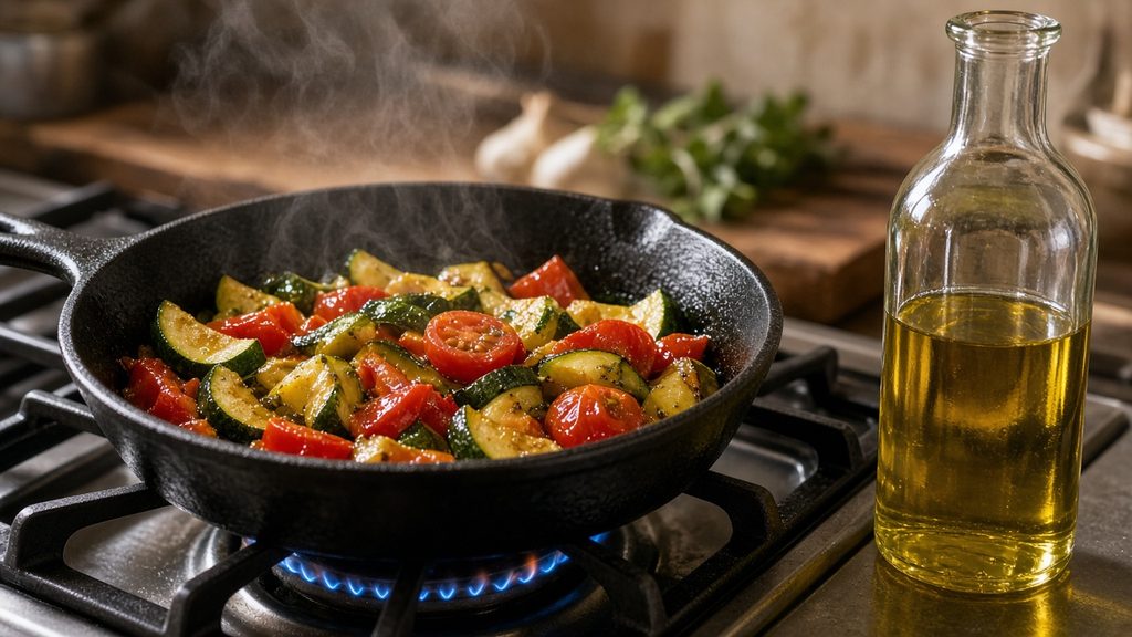 Gemüse wird in einer gusseisernen Pfanne mit Olivenöl angebraten, daneben eine neutrale Glasflasche (KI-generiert)