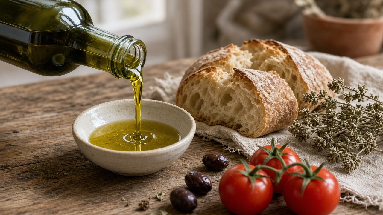 Olivenöl wird aus einer neutralen Glasflasche in eine Schale gegossen, daneben Brot, Tomaten, Oliven und Oregano (KI-generiert)