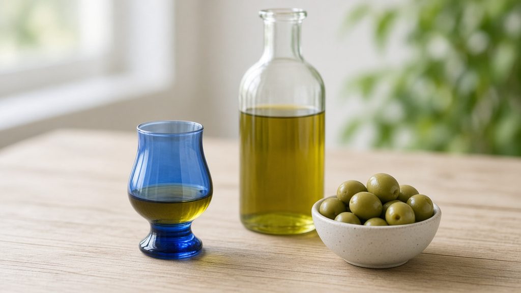 Olivenöl in einem kleinen blauen Verkostungsglas neben einer neutralen Glasflasche und grünen Oliven (KI-generiert)