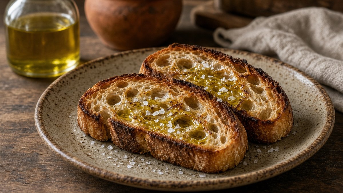 Geröstete Brotscheiben, mit Olivenöl beträufelt und mit grobem Salz bestreut, auf einem rustikalen Teller (KI-generiert)