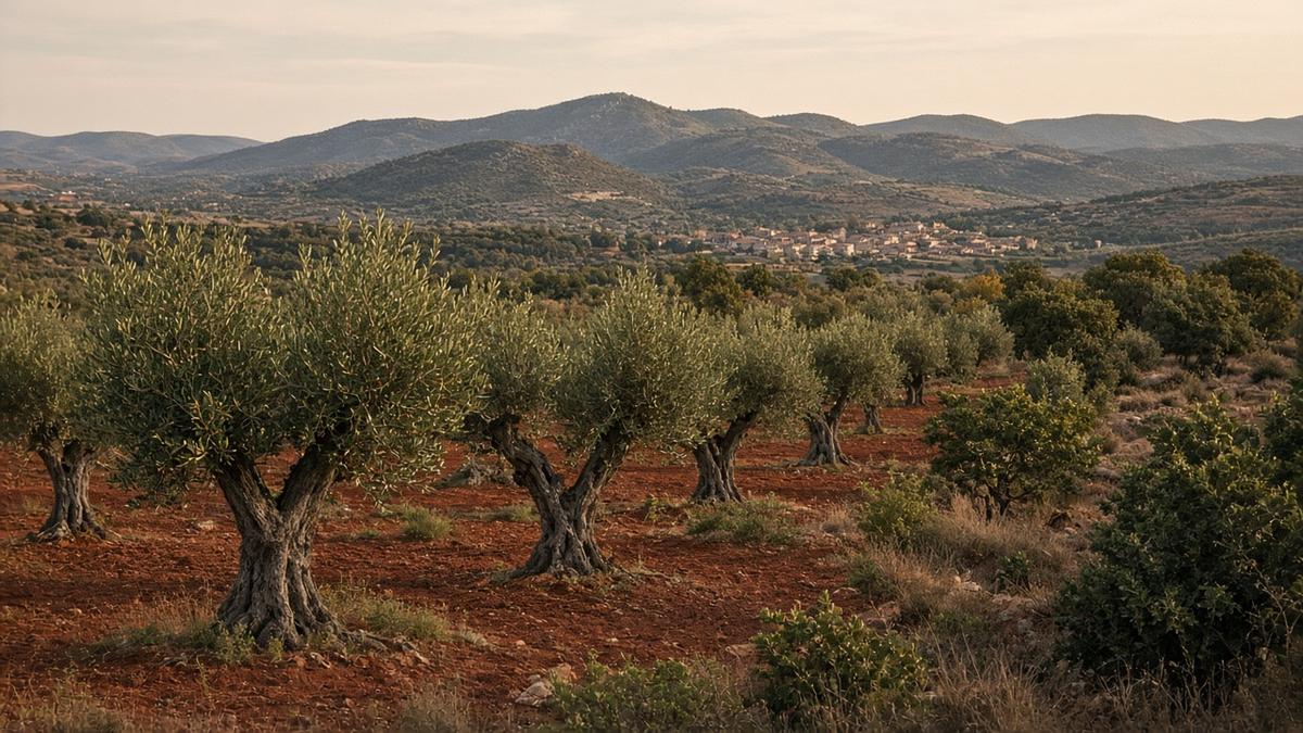 Alte Olivenbäume in traditionellen Hainen vor den Hügeln der Montes de Toledo in Kastilien (KI-generiert)