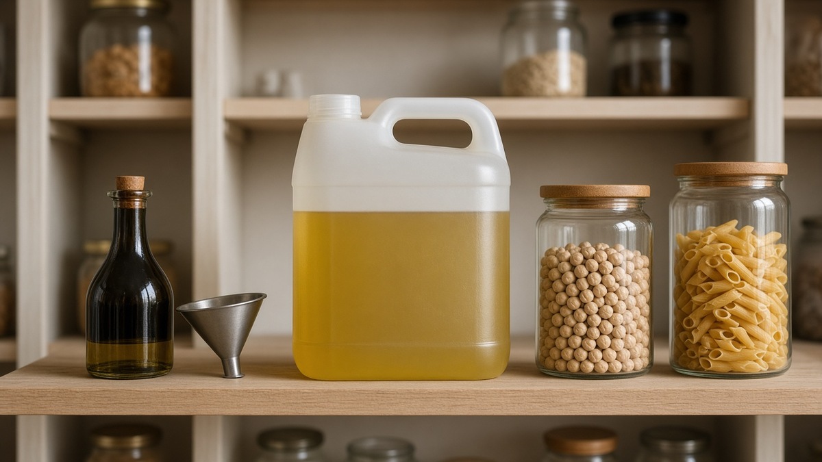 Olivenöl wird aus einem großen unbeschrifteten Kanister in eine kleine dunkle Flasche umgefüllt (KI-generiert)