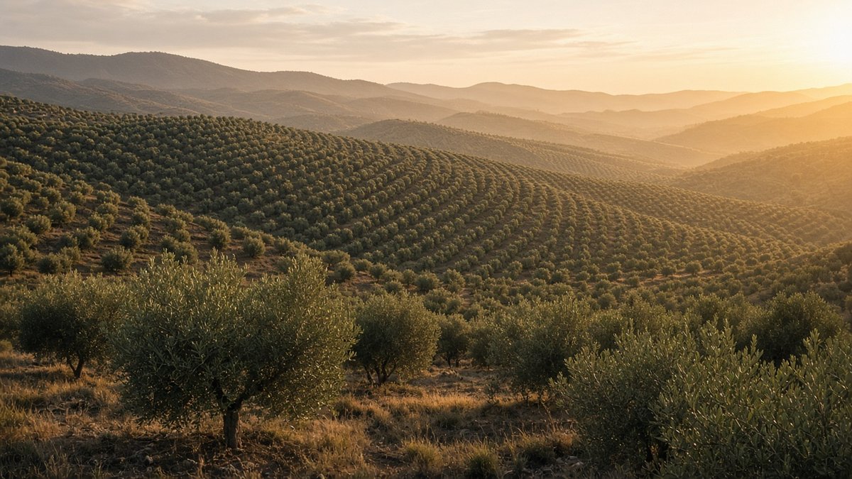 Olivenhaine in hügeliger Landschaft bei Abendlicht in Andalusien (KI-generiert)