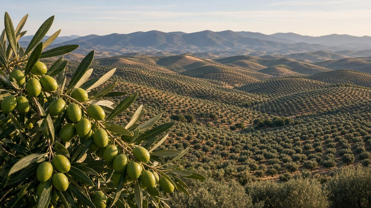 Endlose Reihen von Olivenbäumen auf hügeligem Land in der Provinz Jaén unter klarem Himmel (KI-generiert)