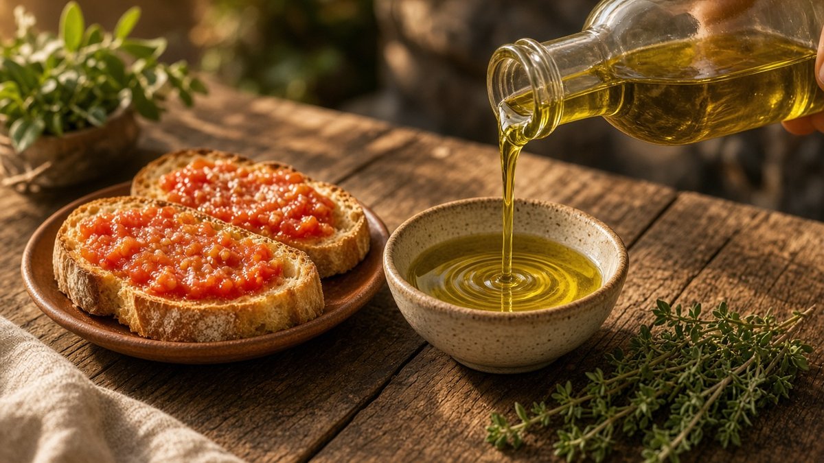 Olivenöl wird in eine Schale gegossen neben Pan con tomate (KI-generiert)