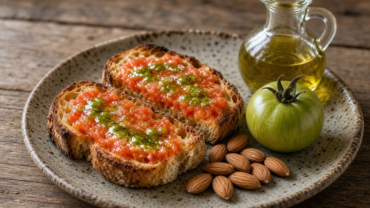 Geröstetes Brot mit geriebener Tomate und grünem Olivenöl auf einem Holzbrett (KI-generiert)