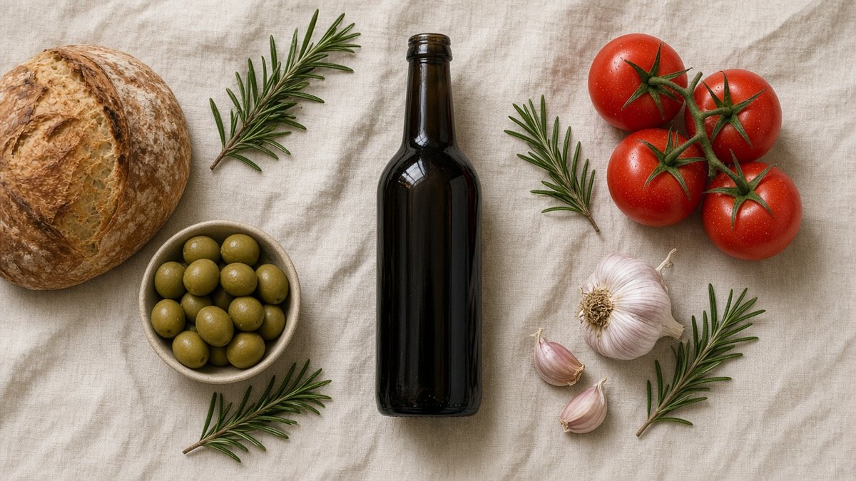 Draufsicht auf Ölflasche, Oliven und mediterrane Zutaten (KI-generiert)