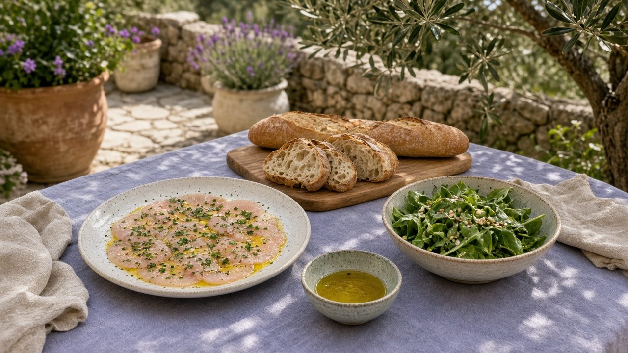 Gedeckter Tisch auf einer provenzalischen Terrasse mit Brot, Salat und Fischcarpaccio, dazu Olivenöl in einer Schale (KI-generiert)