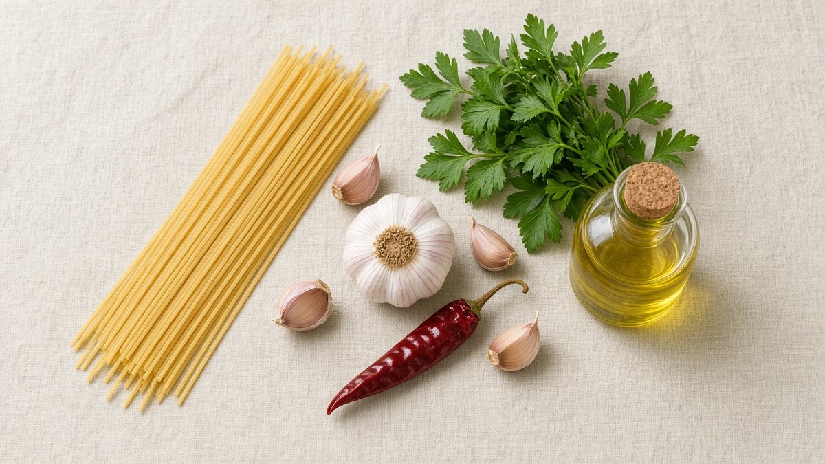 Draufsicht auf ungekochte Spaghetti, Knoblauch, getrocknete Chili, Petersilie und eine unbeschriftete Glasflasche mit Olivenöl auf hellem Leinen (KI-generiert)