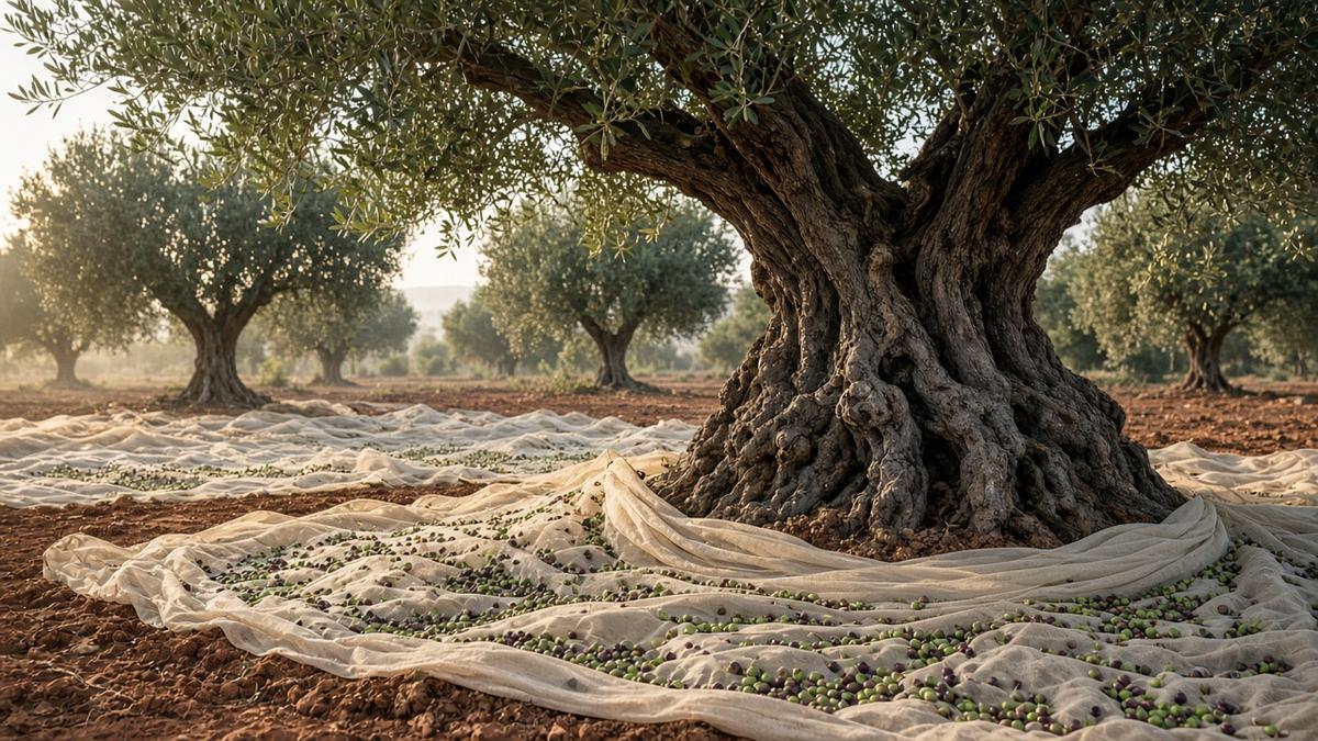 Reife und grüne Oliven liegen auf ausgebreiteten Erntenetzen unter alten, knorrigen Olivenbäumen in Apulien, Morgenlicht (KI-generiert)