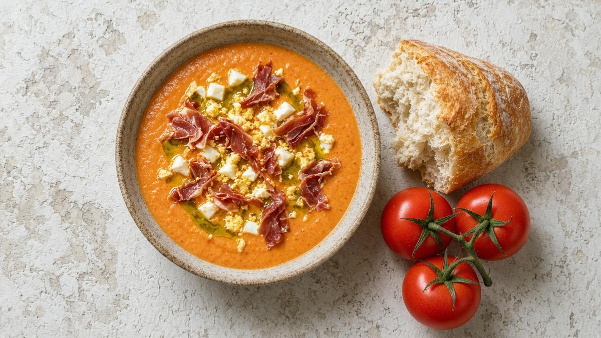 Eine Schale Salmorejo aus Córdoba mit gehacktem Ei und Schinkenstreifen, darüber ein Faden grünes Olivenöl, daneben Landbrot und Tomaten (KI-generiert)