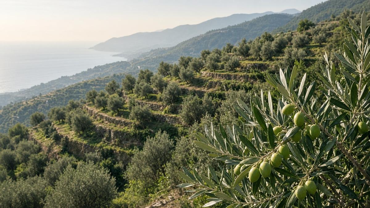 Terrassierte Olivenhaine an den Hängen Kalabriens mit Blick aufs Meer, grüne Oliven im Vordergrund (KI-generiert)