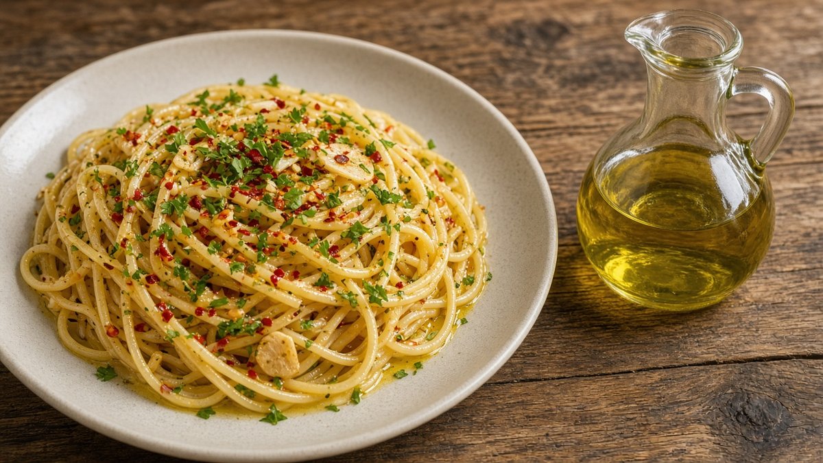 Teller Spaghetti aglio e olio mit Petersilie und Chili, daneben ein unbeschriftetes Glaskännchen mit Olivenöl (KI-generiert)