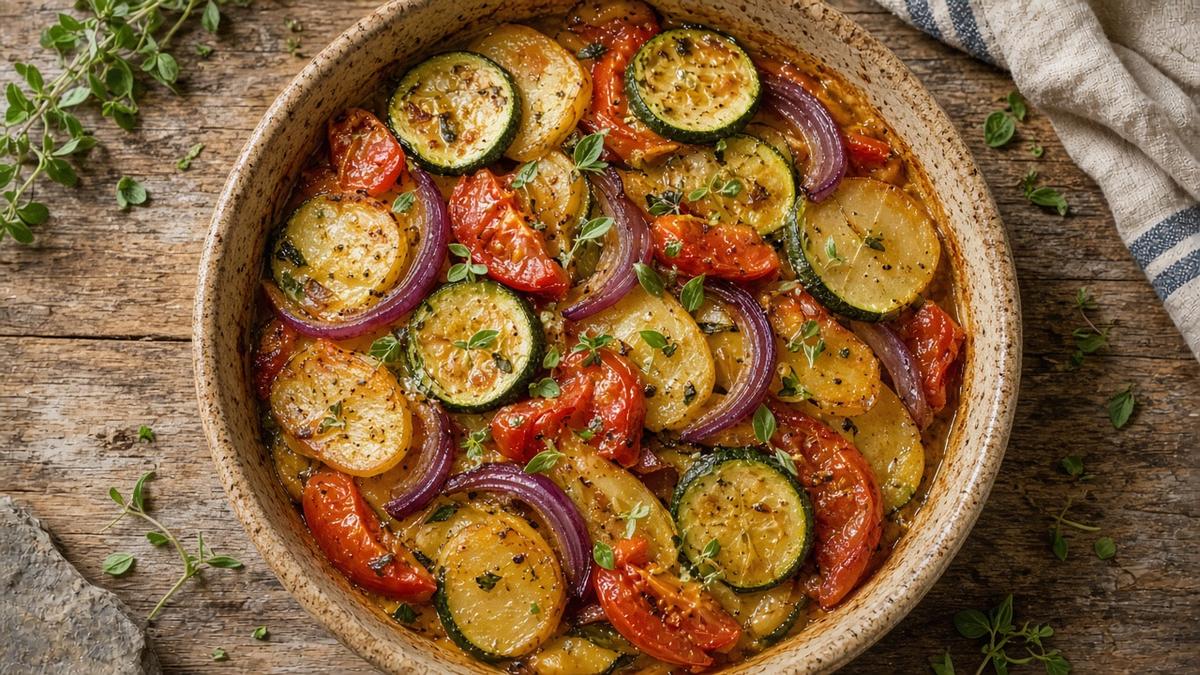 Kretisches Ofengemüse Briam mit Kartoffeln, Zucchini und Tomaten in einer Keramikform, mit Olivenöl beträufelt (KI-generiert)
