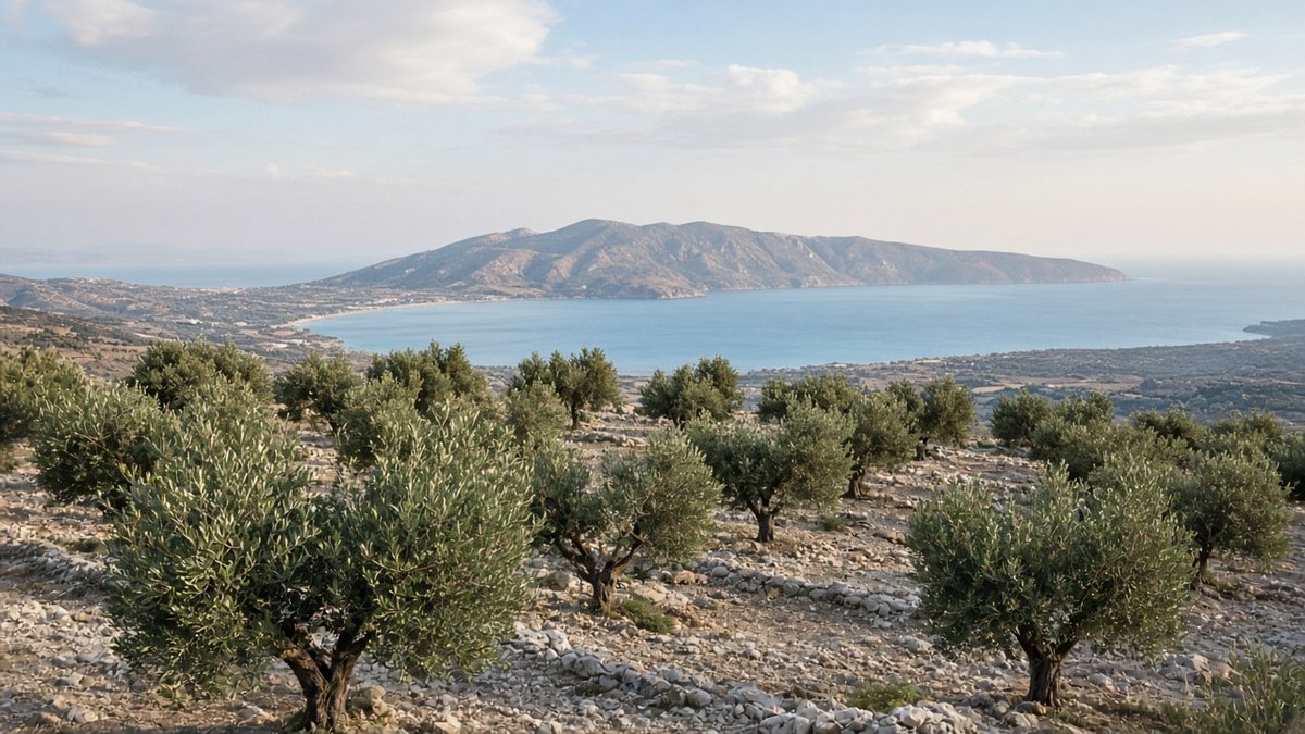 Olivenhain auf sanften Hügeln bei Kolymvari mit Blick auf den Golf von Chania (KI-generiert)